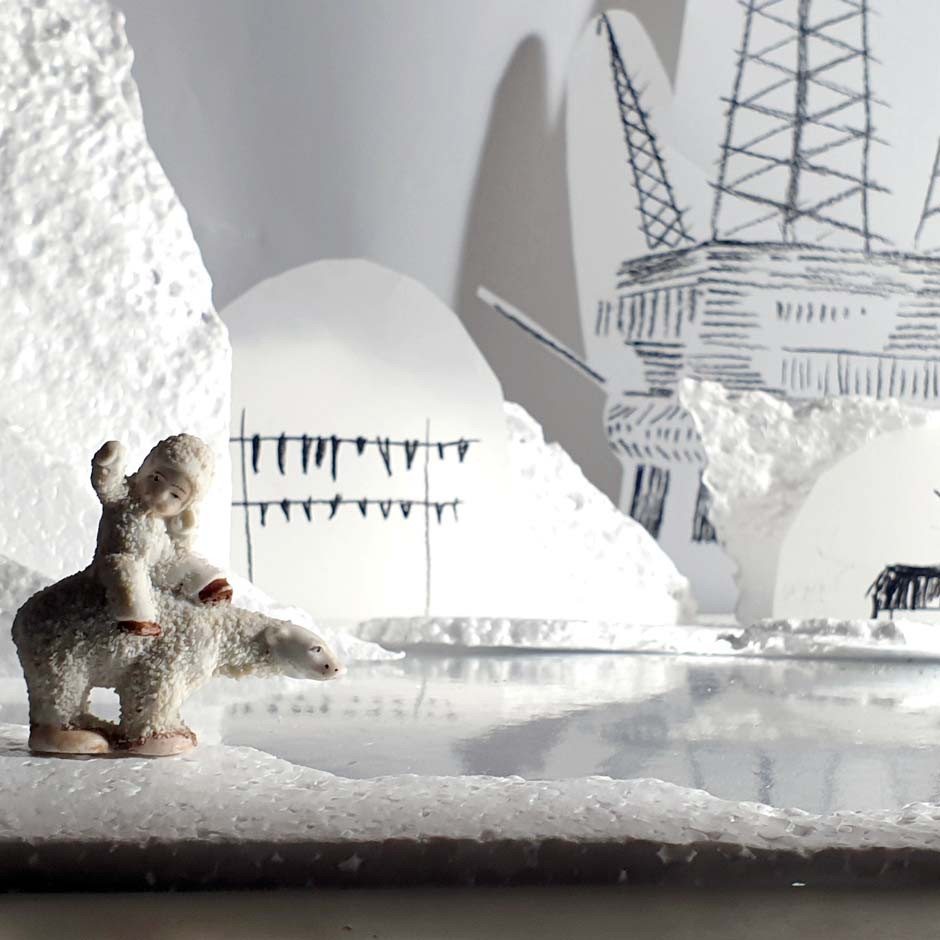 model theatre artic scene snow baby figurine and drawings